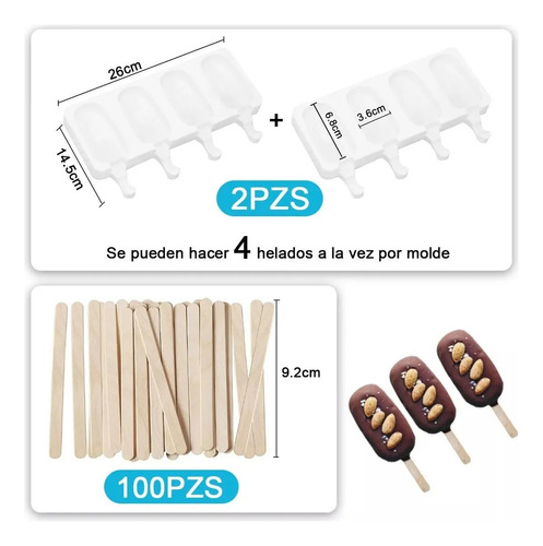 2 Molde De Silicón 4 Paletas De Hielo Y100 Palos De Madera
