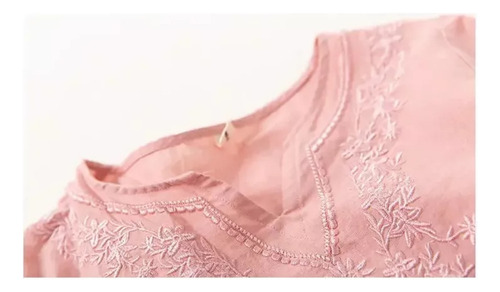Blusa Bordada De Algodón Y Lino Con Cuello En V Para Mujer
