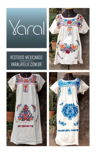 Vestido Mexicano Curto Algodão Manga Bordado A Mão Varal