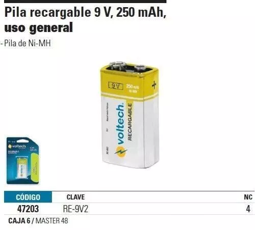 Pilas 9v Recargables 250mha Pieza 47203 Volteck .