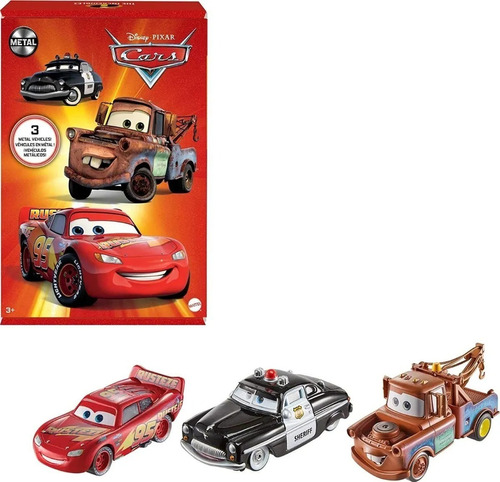 CARS, Paquete de 3 Vehículos, Rayo McQueen, Mate y Sheriff, Escala 1:55, Juguetes Mattel