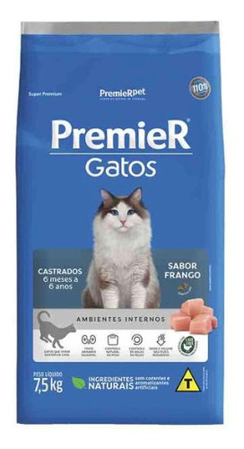 Ração Premier Gatos Castrados Frango 6 Meses A 6 Anos 7,5kg