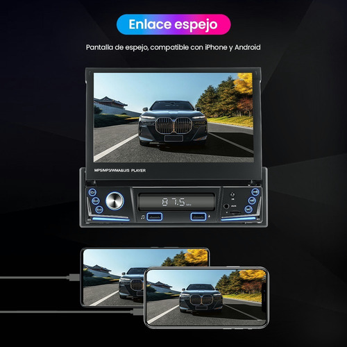 Autoestéreo 1 Din Bluetooth Retráctil 7 In Mirrorlink Cámara