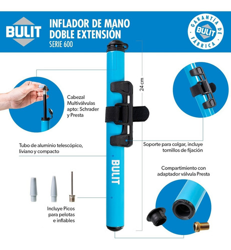 Inflador De Mano Bulit Serie 600 Aluminio Doble Extension