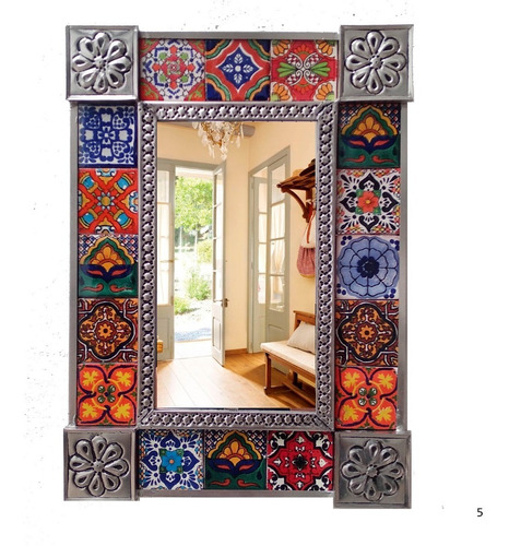 Imagen 1 de 1 de Espejo Marco Latón Y Azulejo Talavera Poblana 36x26 Cm M5