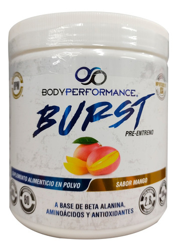 Body Performance Burst Pre Entreno.  Polvo sabor mango 600g.