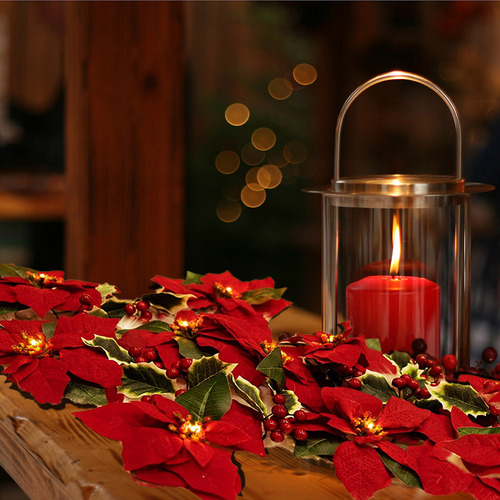 Guirnalda De Luces De Nochebuena Con Flores Navideñas