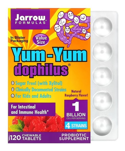 Jarrow Formulas, Yum-yum Dophilus Sin Azúcar, Proporciona 4 Cepas Clínicamente Documentadas , Para La Salud Intestinal E Inmunitaria, 1 Billón Por Porción, 120 Tabletas Masticables