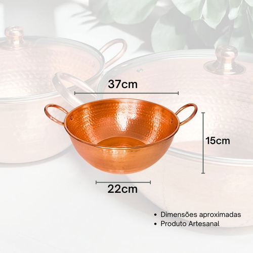 Tacho De Cobre Puro 10 Litros Com Tampa De Vidro Alças Cobre