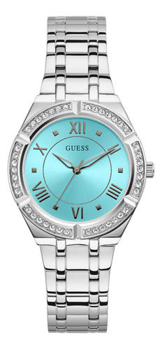 Reloj Elegante Para Dama Marca Guess Luna Correa Plateado Bisel Dorado Fondo Dorado