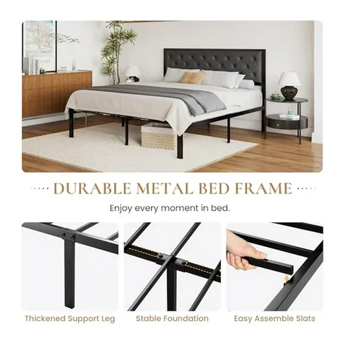 Cama King Size Metal Con Cabecera Tapizada Y Almacenaje, Gri