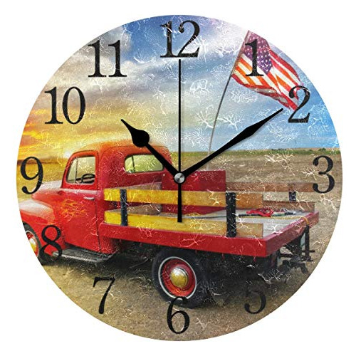 Reloj De Pared Camioneta Vintage Roja Bandera Estadouni...