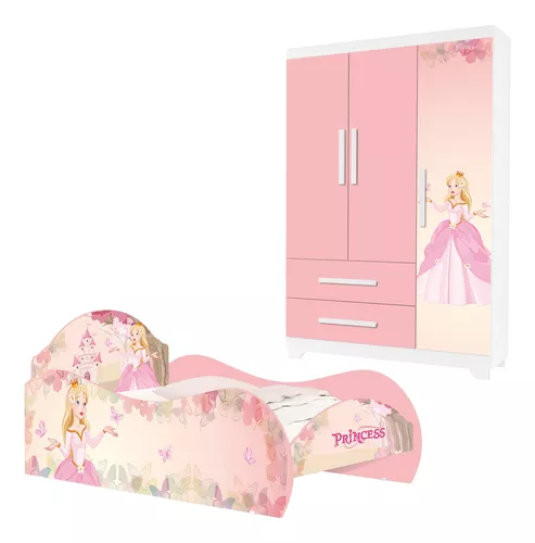 Jogo de Quarto Infantil Cama e Guarda Roupa Princesa Rosa em