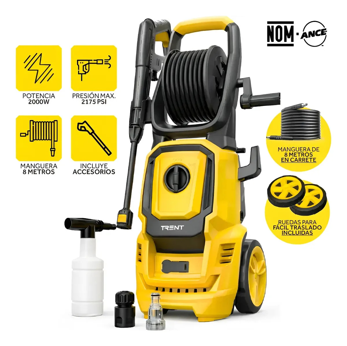 Hidrolavadora Electrica Portátil Con Ruedas 2175 Psi Trent 2000w Alta Presión Para Lavar Carros