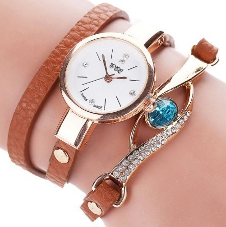 Relógio Feminino Bracelete Strass Pulseira Couro Marrom