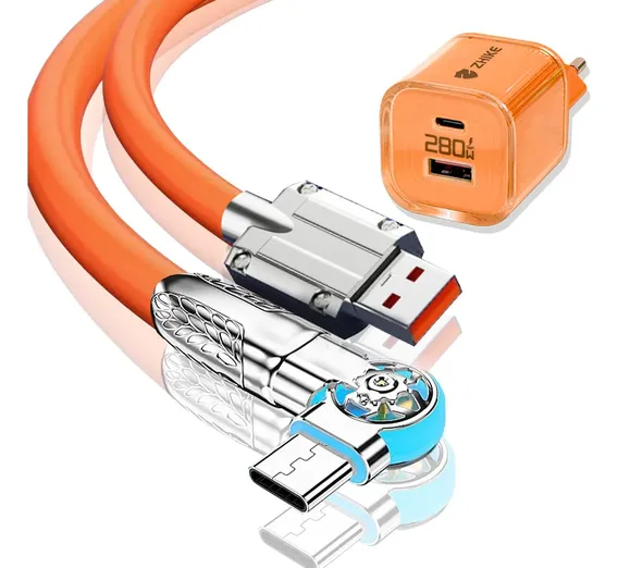 Kit Carregador 280w Gan Usb C Pd Qc 3.0 Cabo Silicone Tipo C Laranja