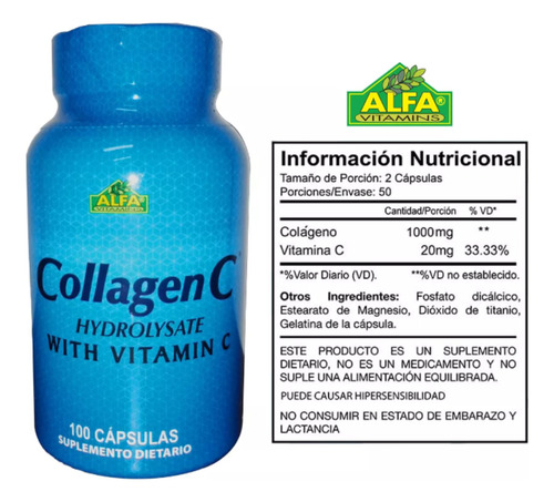 Colágeno C Hidrolizado + Con Vitamina C 100 Capsulas Alfa