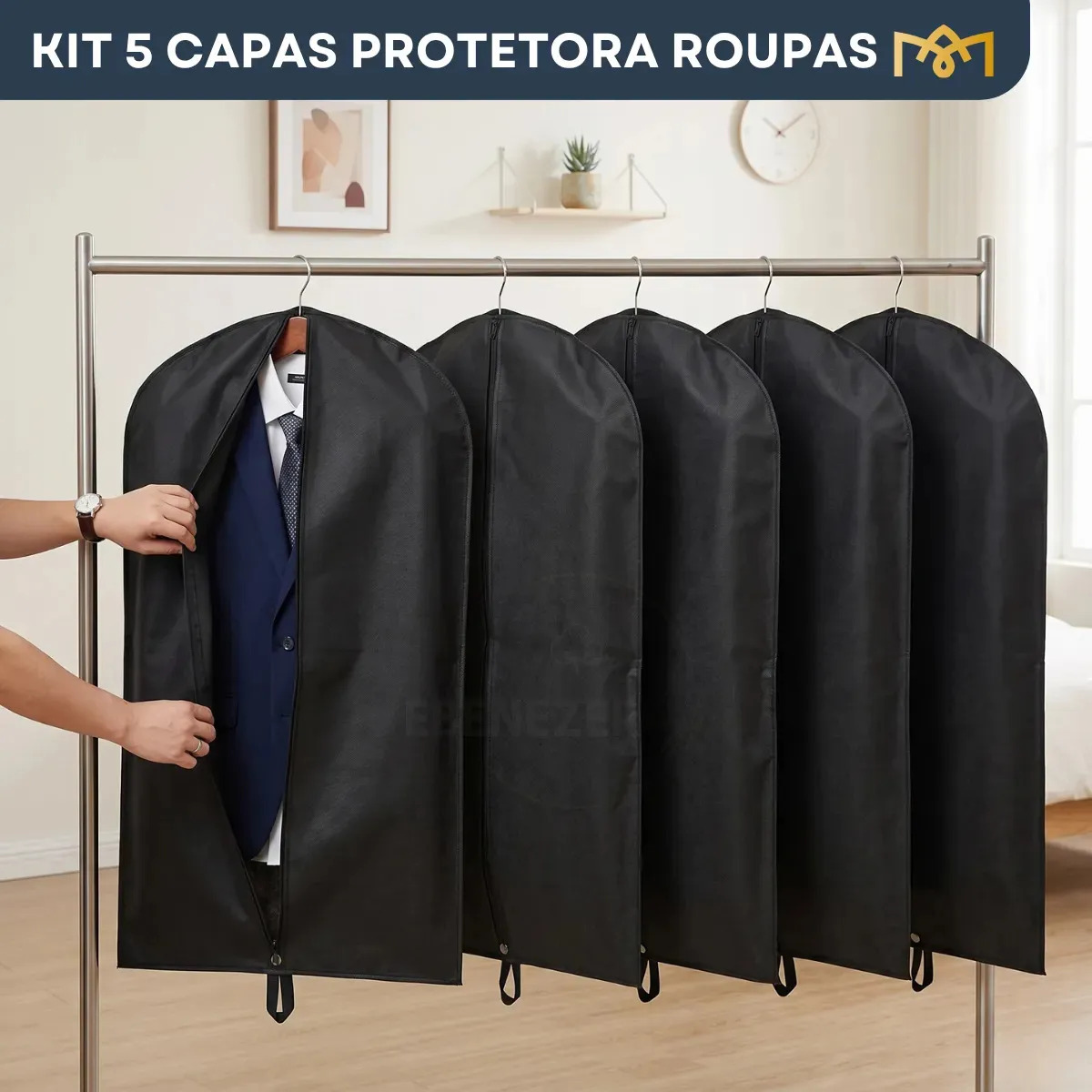 Kit 5 Capa Protetora P Terno Roupa Vestido Antimofo C/ Zíper Cor Preto