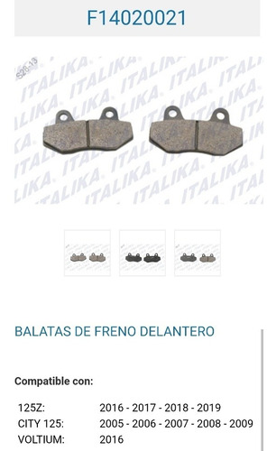 Balatas De Freno Delantero 125z, City 125, Voltium 16