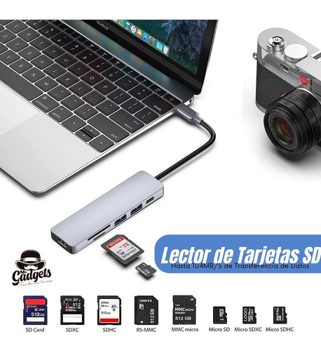 6 En 1 Usb Hub Adaptador Sd Pd Tipo C Hdmi 4k Para Mac iPad