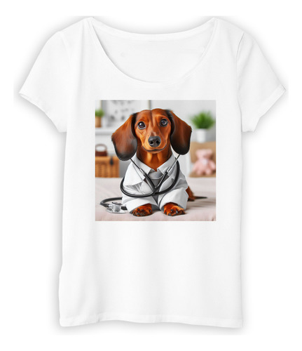 Remera Mujer Perro Salchicha Medico Estetoscopio Dog