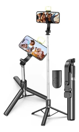 Palo Selfie Bluetooth + Trípode 2 En 1 Alto 170 Cm Con Luz Negro
