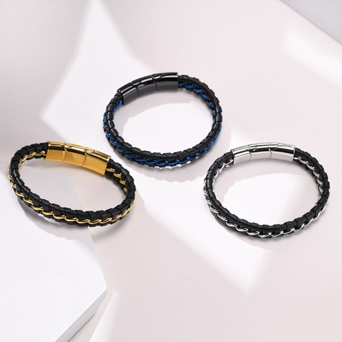 Pulsera De Hombre De Cuero Y Acero Inoxidable Ajustable