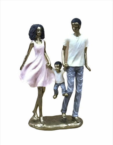Estatueta Família Casal Negro Com 1 Filho Resina Espressione