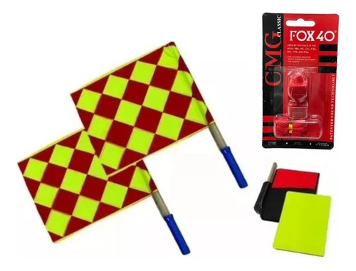 Combo Arbitro 2 Banderines 1 Silbato 1 Set Tarjetas Y Lapiz