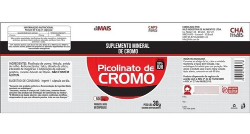Kit Com 5 Picolinato De Cromo 500mg Chá Mais 60 Cápsulas