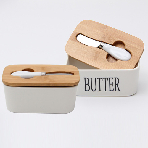 Prato De Manteiga De Porcelana Com Tampa E Faca De Bambu