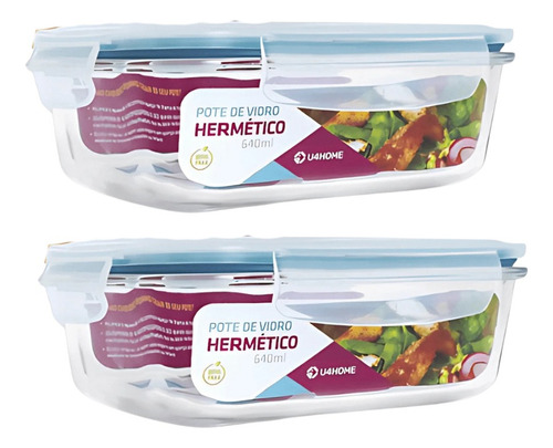 Kit 2 Potes Vidro 640ml Hermético Marmita Tampa Com Trava