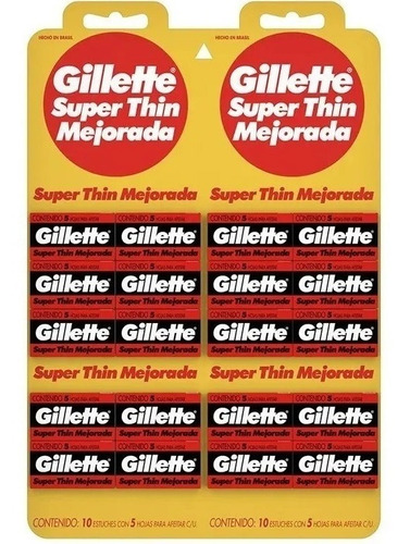 Gillette Super Thin Mejorada Roja 20 X 5 Hoja De Afeitar - Filo Simple Acero Inoxidable - Blister 20 Cajas de 5 Unidades C/U