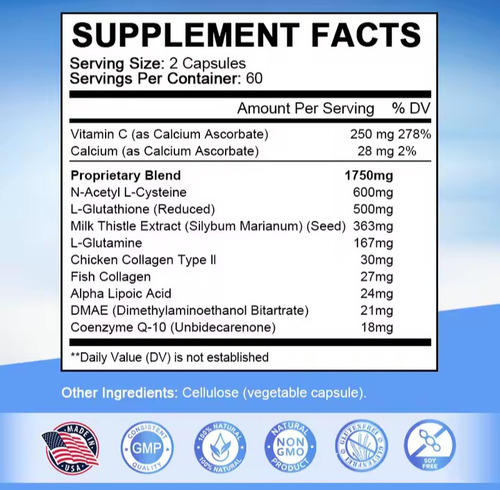 Nac+glutatión Detox Hígado Riñones Antioxidante Piel Blanca Sin Sabor