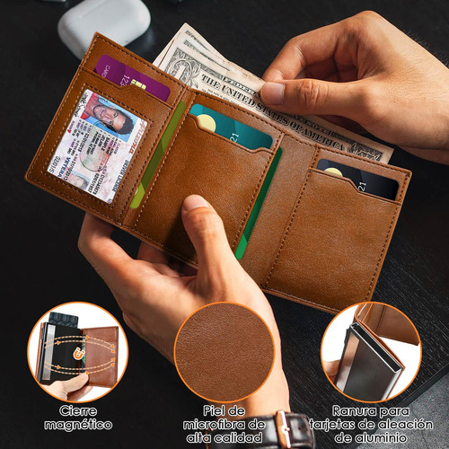 Billetera Hombre Cuero, Cartera Tarjetero Rfid Bloqueo Con