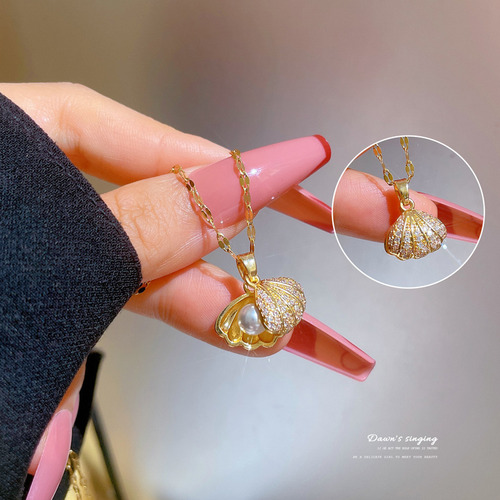 Collar Dije De Concha Con Perla Marina Conchita Ostra De Mar Con Piedra Preciosa Chapada En Oro De 18k Para Mujer Dama Elegante Color Dorado Playa-taikula