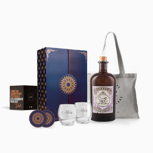 Box Gin Monkey 47 Estuche 500ml 2 Vasos Grabados Regalo Kit