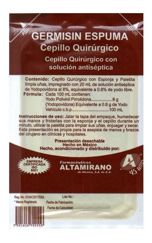 Cepillo Quirúrgico Estéril Con Solución Antiséptica Espuma 