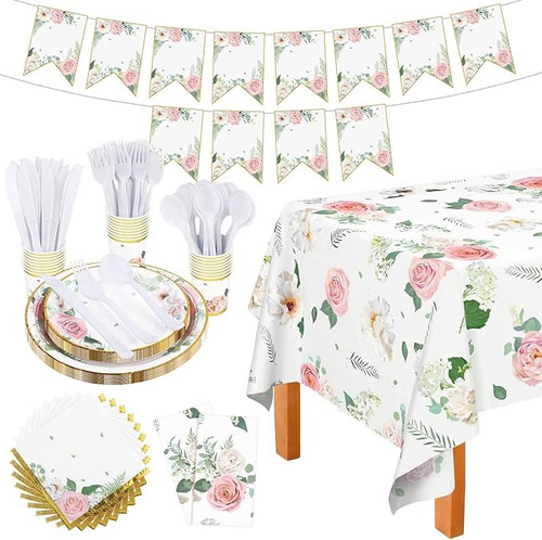 Set De Vajilla De Fiesta Diseño De Flores Para 24 Invitados Blanco L-0001 Flores