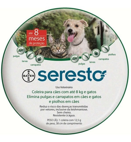 02 Coleiras Seresto Cães E Gatos Até 8 Kg (38 Cm Comprim)