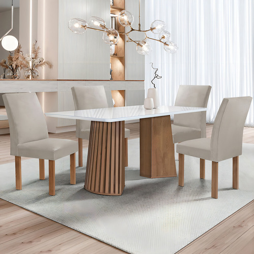 Mesa De Jantar 4 Lugares Stella Canela Com Vidro Ripado Tampa Bege Claro