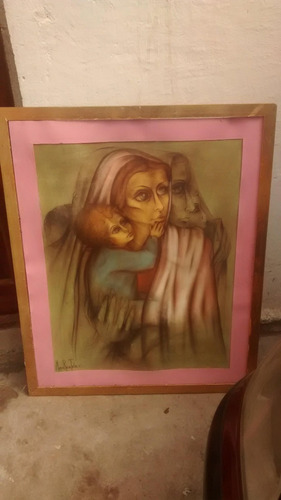 Cuadro Pintado  A Pastel  Dibujo Maternidad Firma Maria Tola