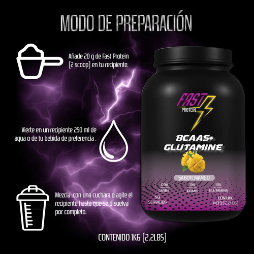 Aminoácidos Bcaas + Glutamina Fast 1kg Varios Sabores Mango