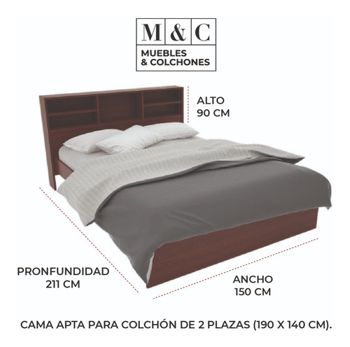 Imagen 3 de 9 de Cama De Dos Plazas Con Respaldo Repisa Melamina 1,50m Ancho