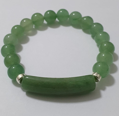   Pulsera Aventurina Verde Bolitas Y Plaquita Elastizada