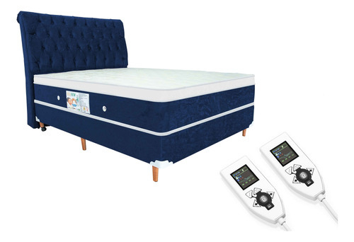 Colchão Magnético Casal 1,38x1,88 Hr Premium Massageador 2 Controles Energia Bio Quântica + Cama Box + Cabeceira Cor Azul