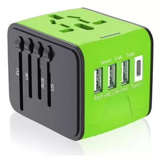 Adaptador Enchufe Universal De Viaje Us/uk/eu/au Usb-c Verde