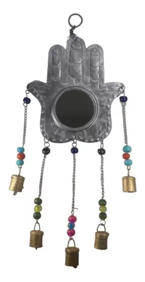 Colgante Espejo Mano Hamsa Campanitas Metal 50cm Aprox Monte