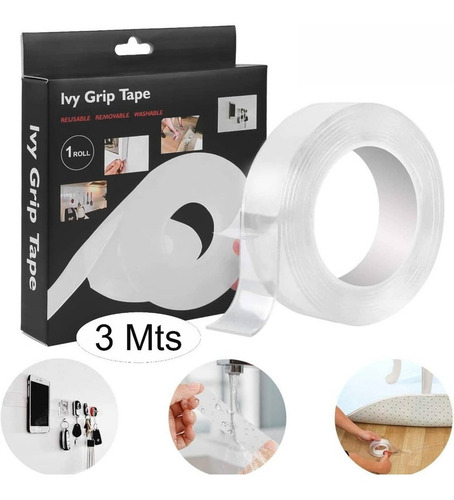 Imagen 1 de 10 de Cinta Doble Faz Adhesiva Silicona Multiusos Reutilizable 3mt
