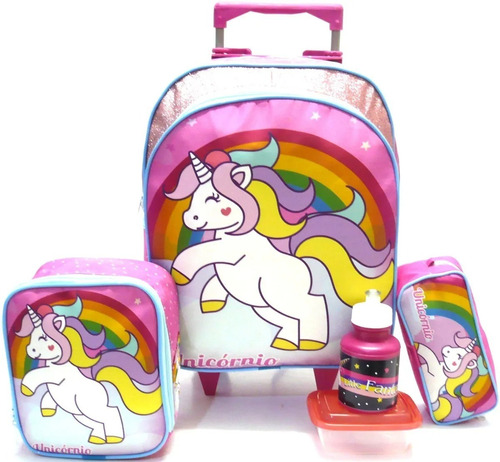 Kit Mochila Infantil Estampada Menina 5 6 7 8 Anos Rodinha G